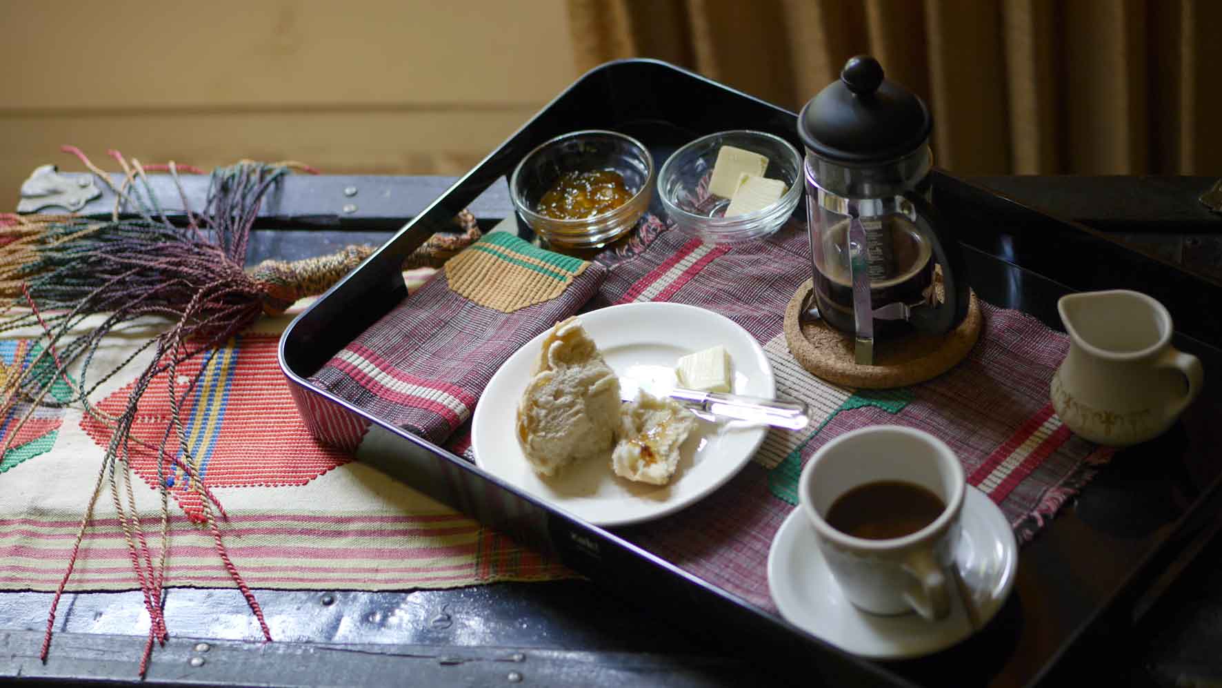 Peet's Congo Kivu Coffee Served on Tray with West Africa n textiles woven in 1960s.