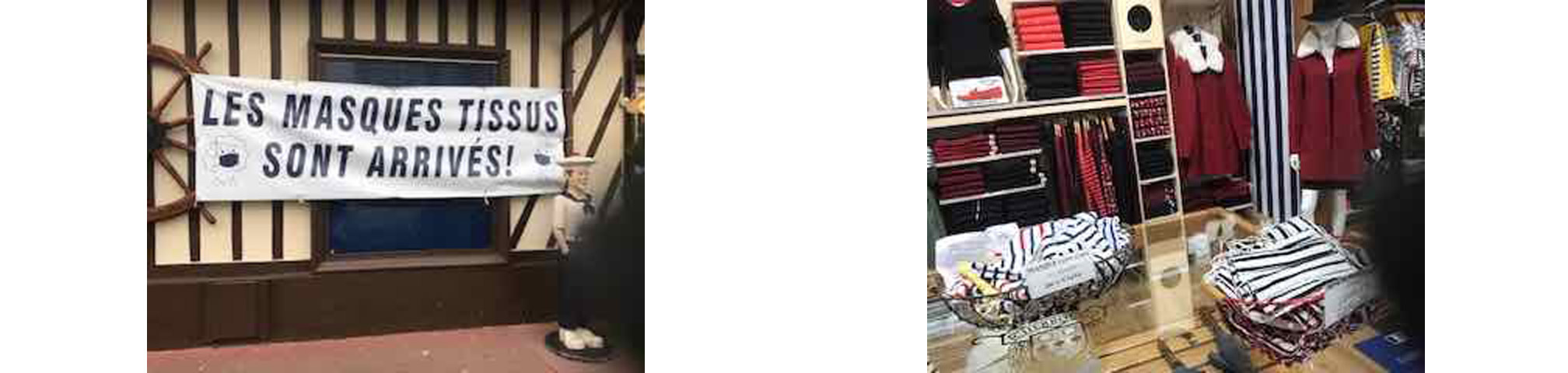 left: sign announcing masks available for sale (right) interior of shop with masks and sailor tops displayed