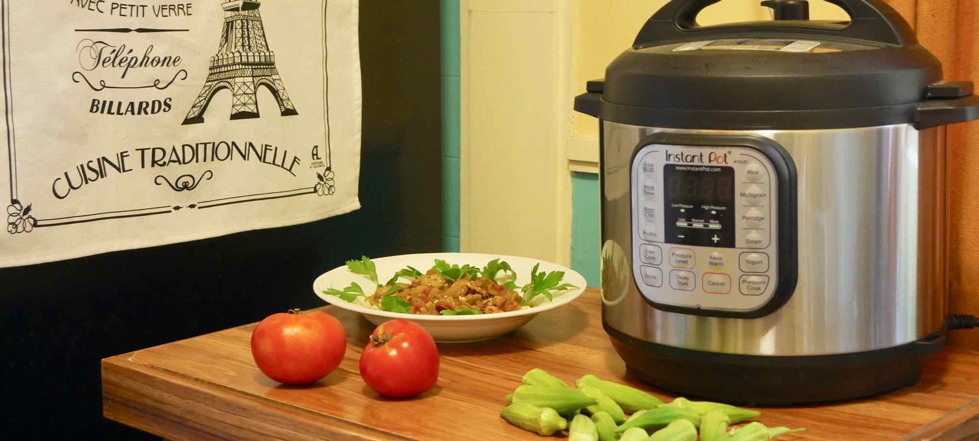 bowl of catfish gumbo, 2 fresh tomatoes and several okra. Instant Pot on stand.