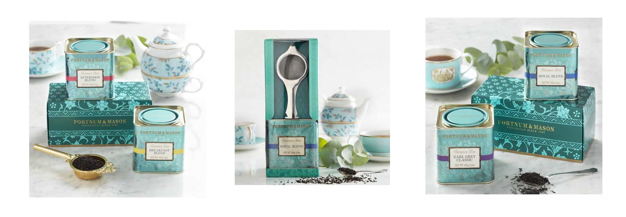 three images of Fortnum & Mason teas and their teaware