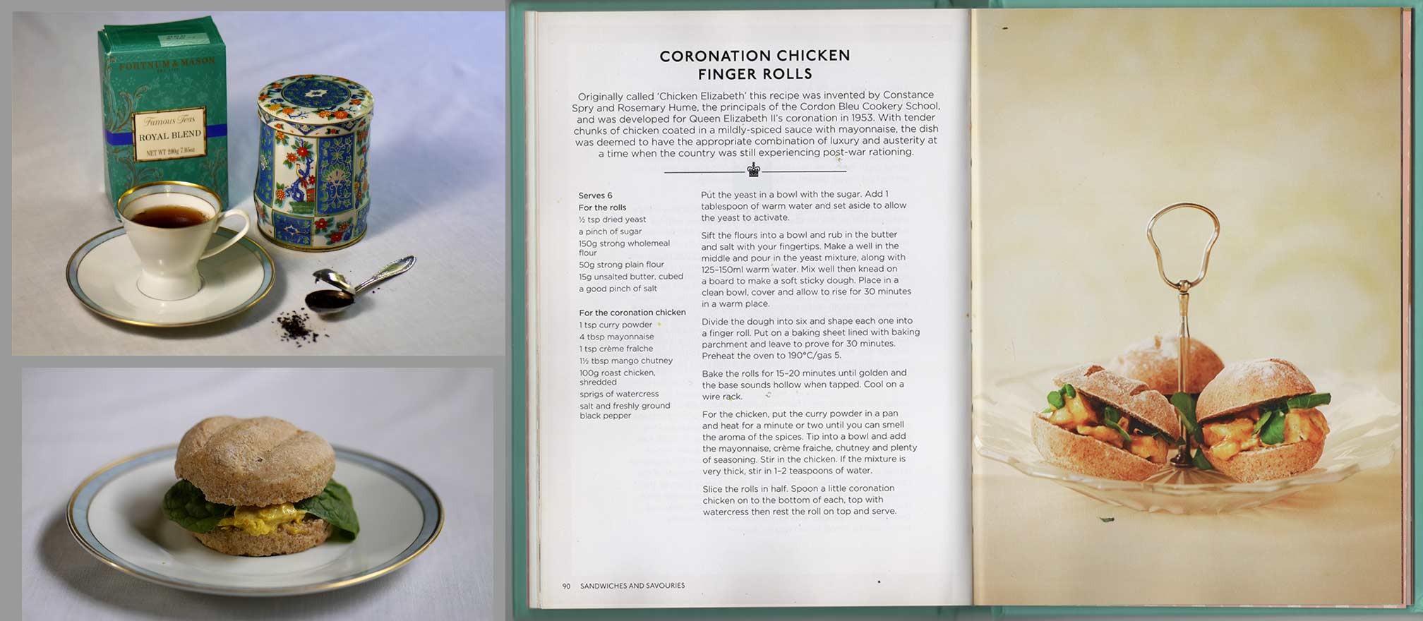 coronation chicken finger rolls, tea and recipe