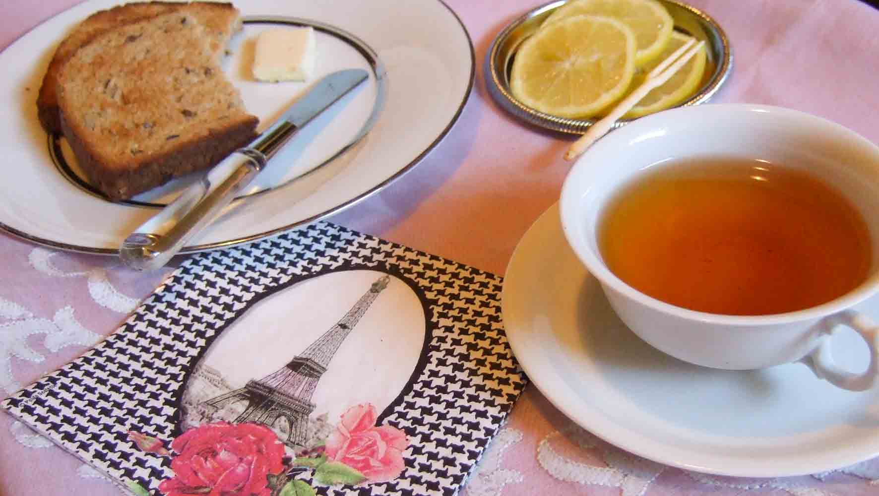 A French Tea chez Anne Barone featuring buttered toast and Min Estate Darjeeling tea