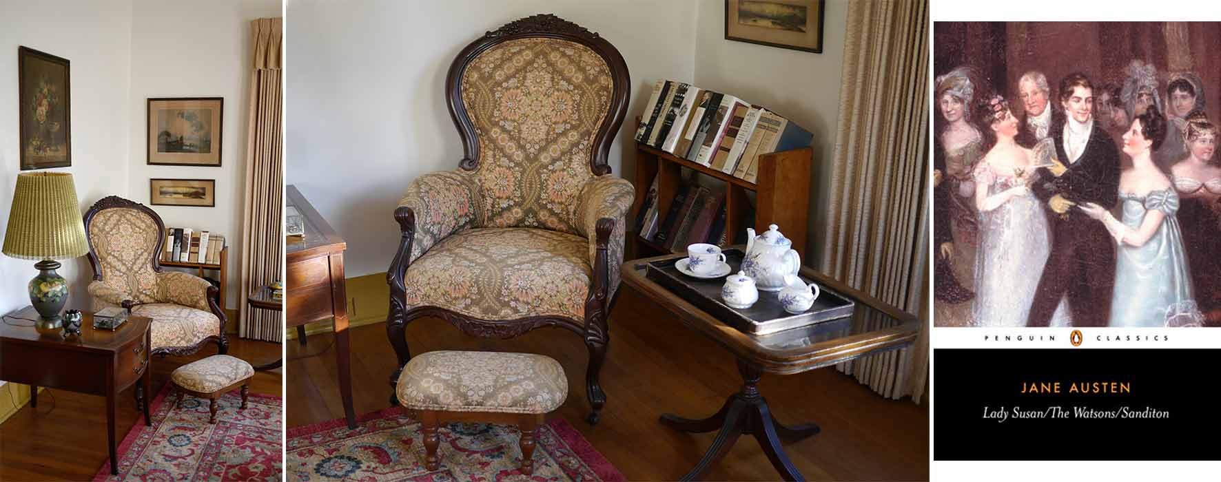 left and center: Reading corner of Anne's living room. right: cover Sanditon by Jane Austen