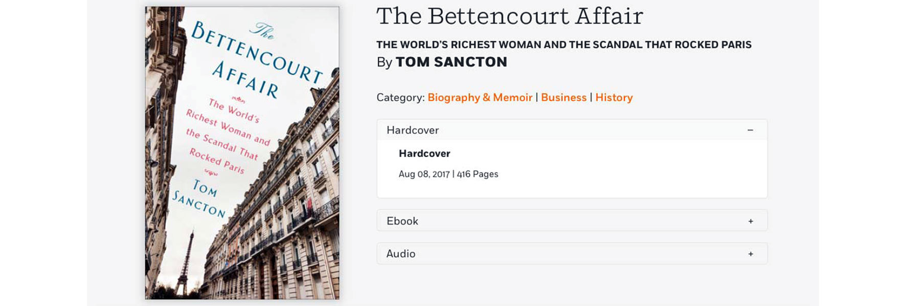 Penguin Random House catalog page for The Bettencourt Affair by Tom Sancton showing book cover and version options