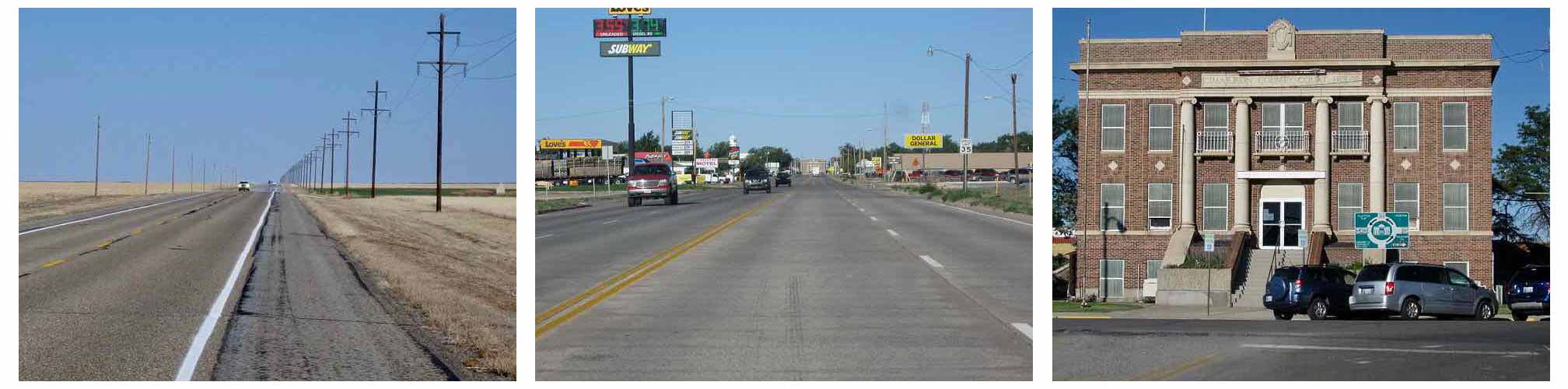 three images: Cimarron County highway, Boise City mainstreet, Cimarron County OK courthouse