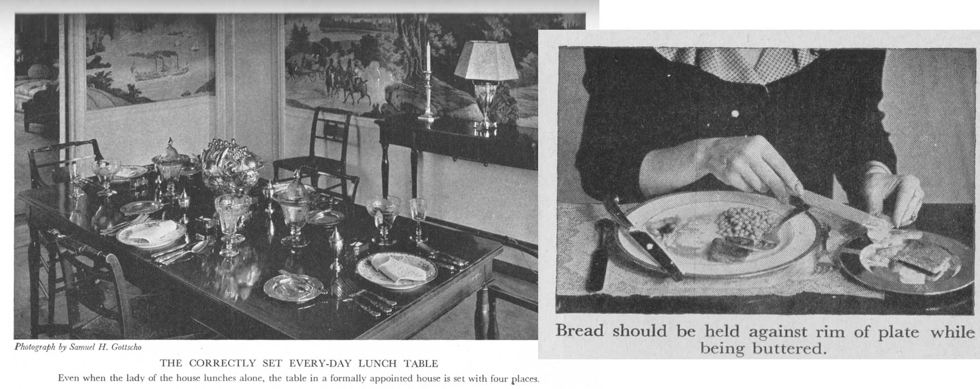 2 illustrations from the 1945 edition of Emily Post's Etiquette showing correct table setting and eating