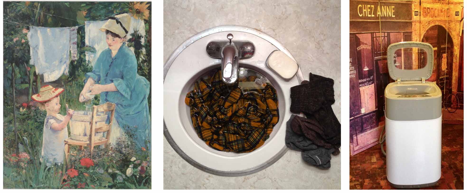 (left) painting Le Linge by Édouard Manet (center) hand laundry in bathroom basin (right) portable washer