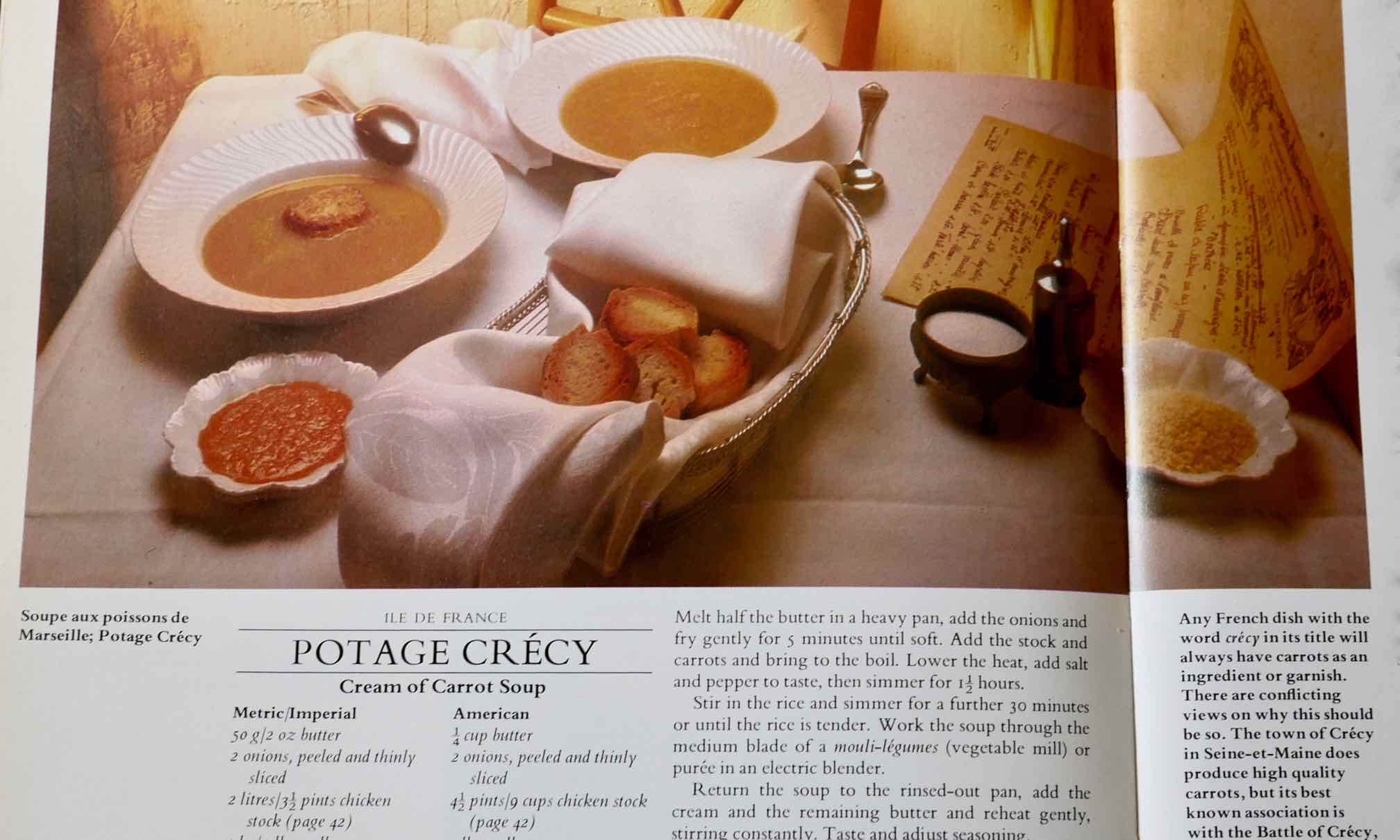 photo from a cookbook showing Potage Crécy, a cream of carrot soup