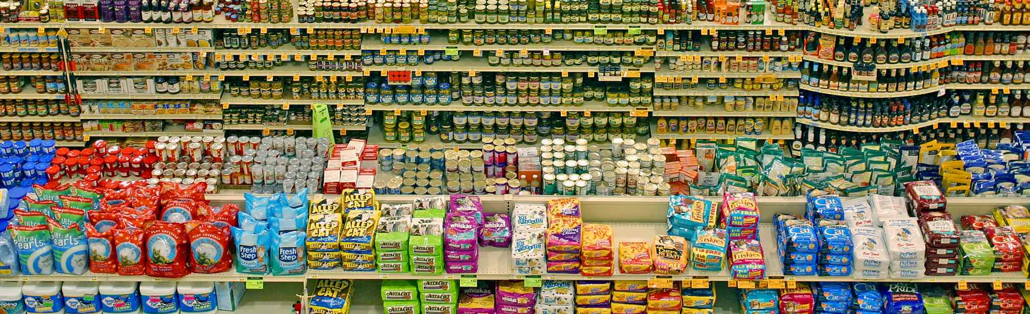 supermarket shelves with products offered for sale