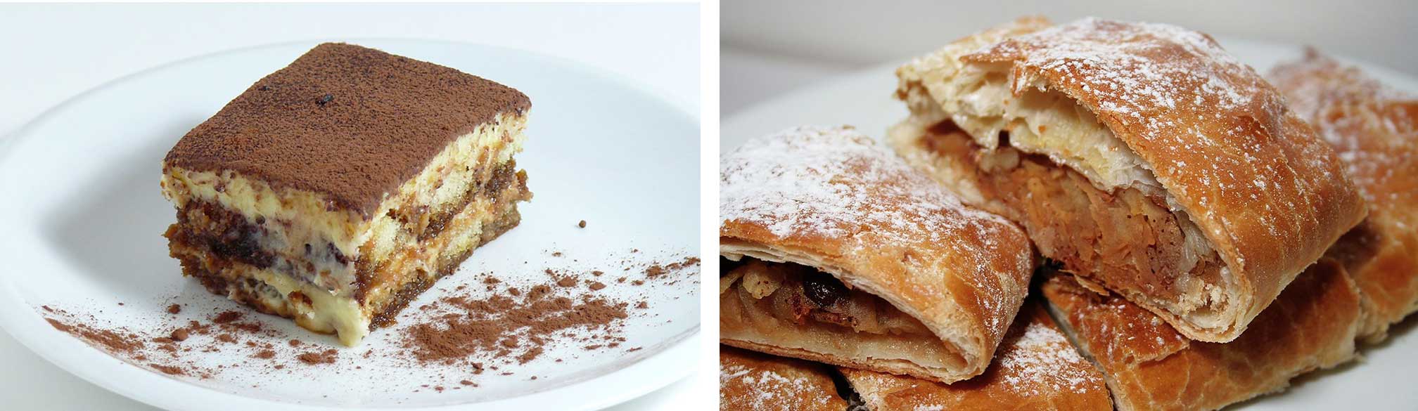 left: tiramisu. right: apple strudel