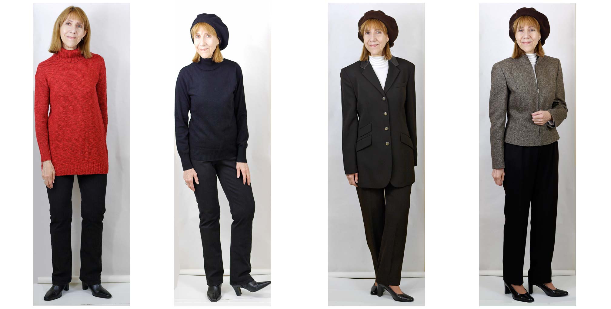 4 figures demonstrating monochrome outfit better for longer leaner looking legs