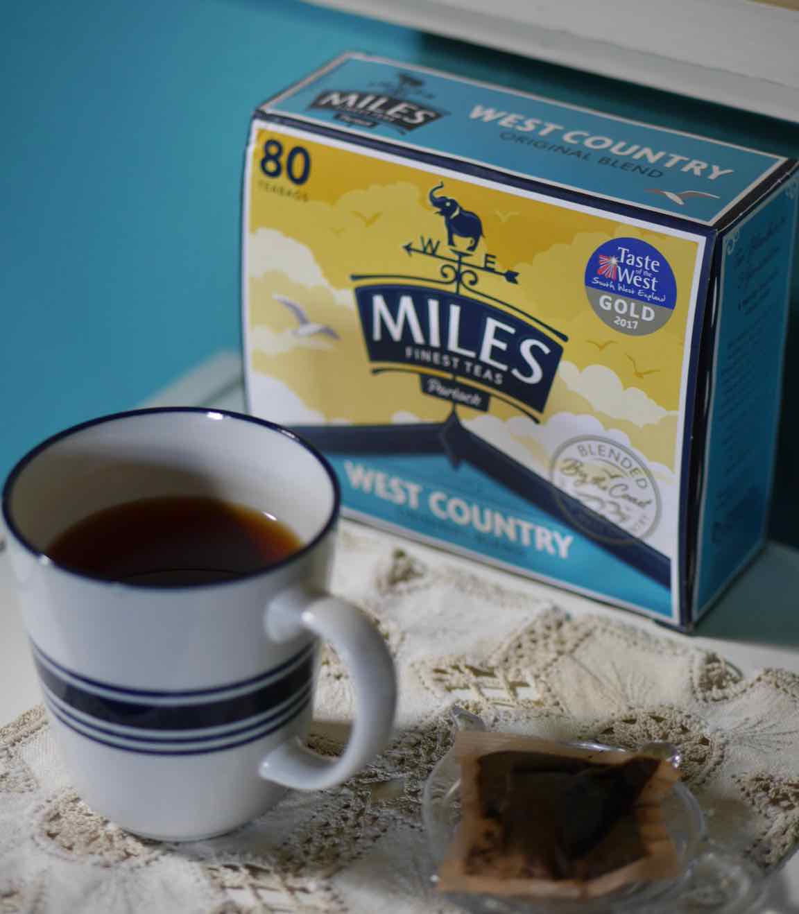 Miles West Country Tea package and cup of brewed tea