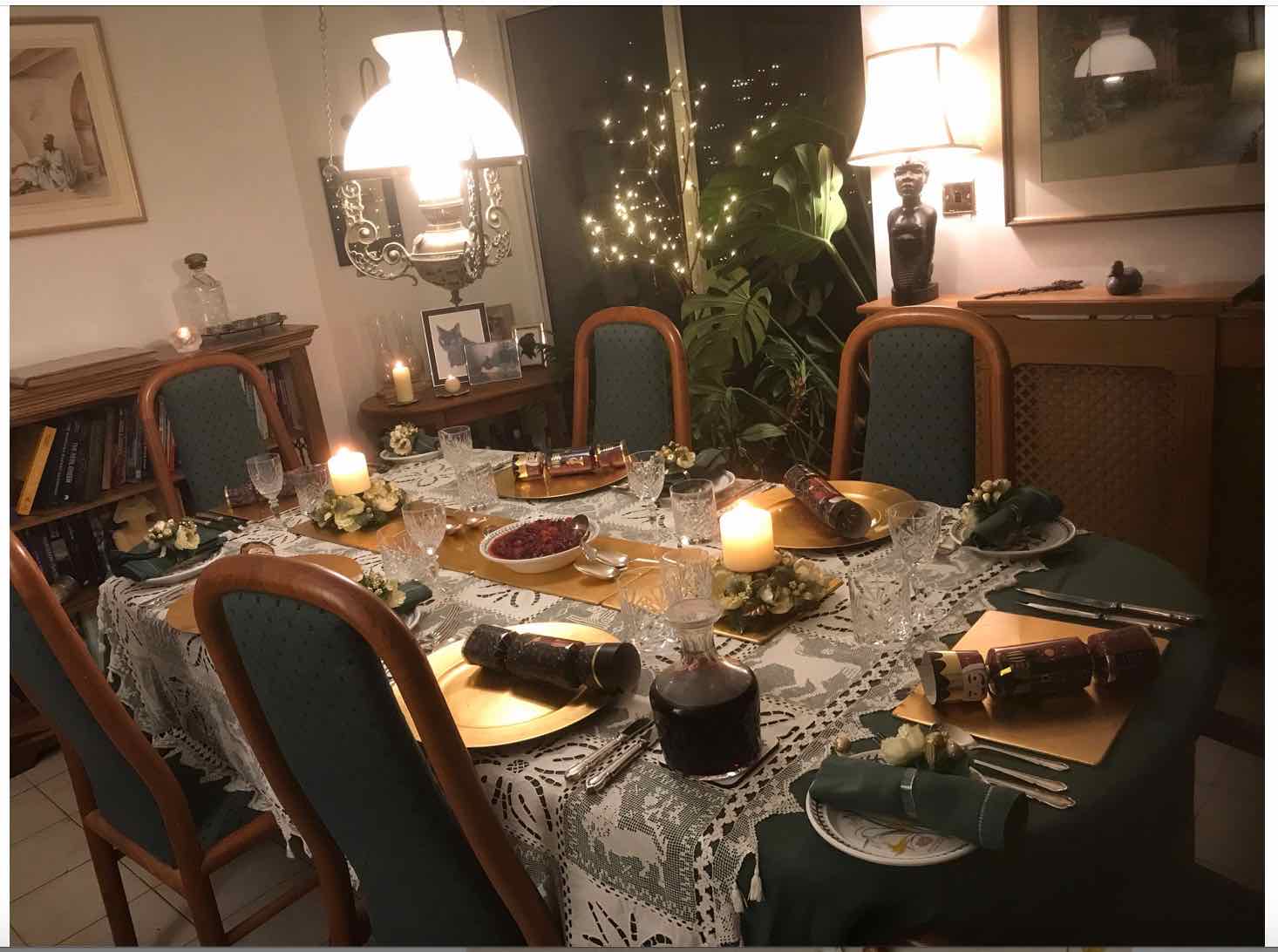 table decorated for Christmas Eve dinner