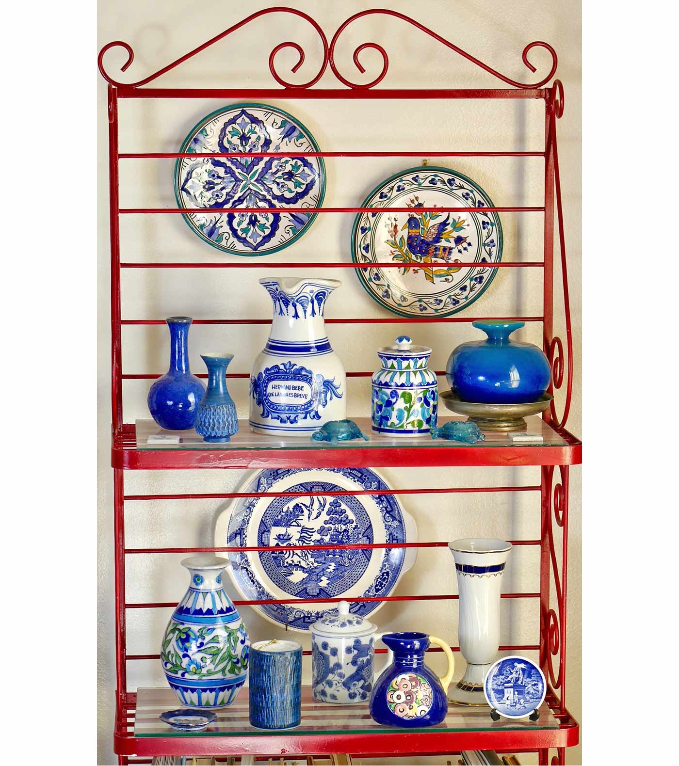 Anne's shelf with collection of blue and white (and a few extra colors) objects