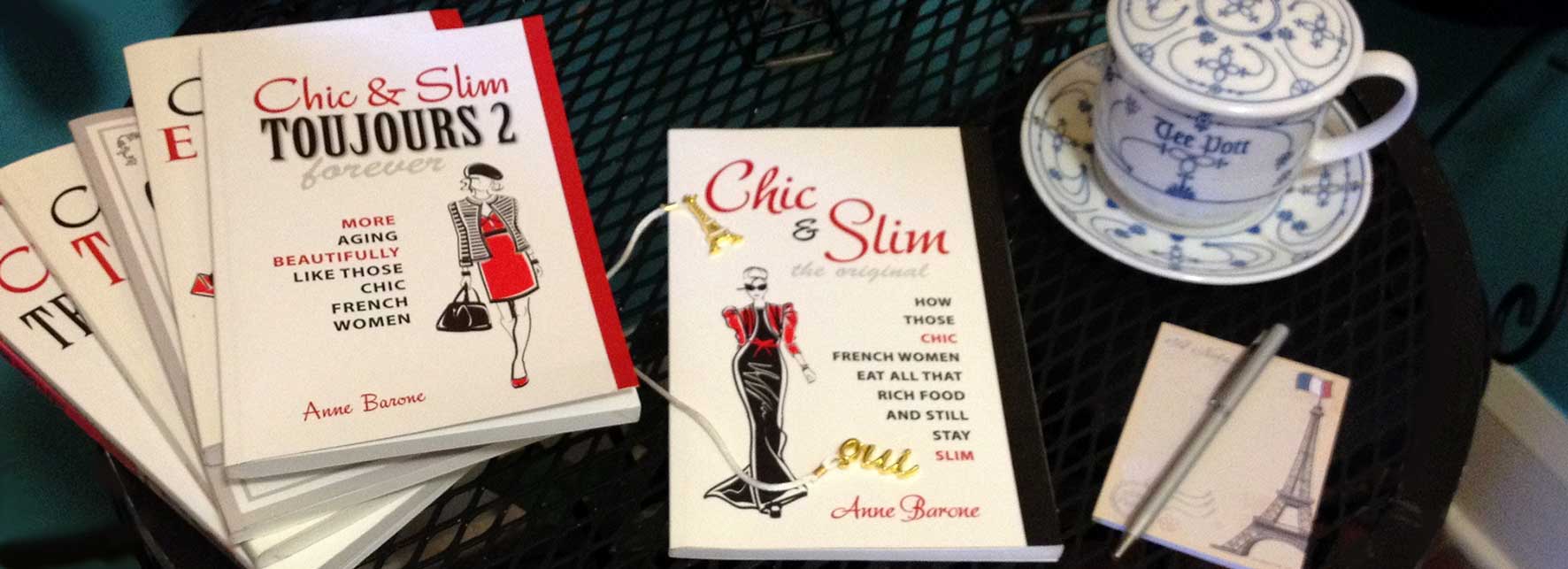 Chic & Slim books with cup of tea and notepad and pen