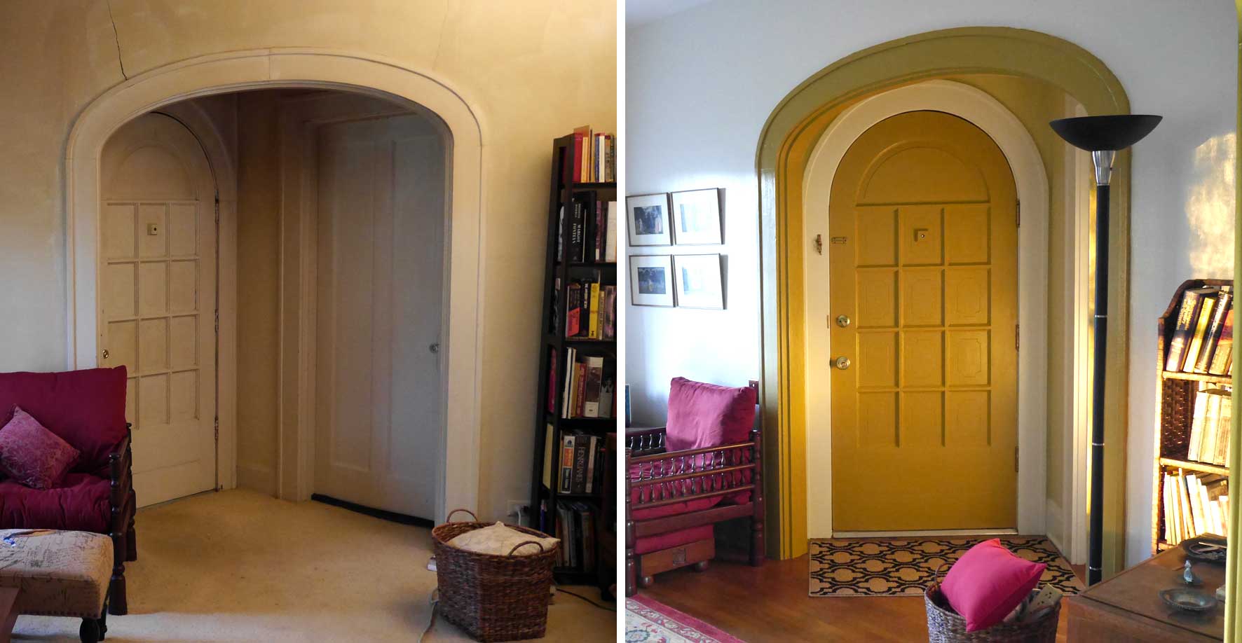(left) entrance before repainting (right) entrance after