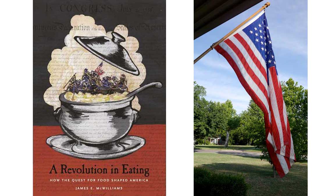 (left) book cover A Revollution in Eating (right) American flag